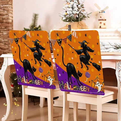 Halloween Stuhlbezüge Leinen Hexe Schwarze Katze Druck Esszimmer Stuhlhussen Lila Orange Feiertag Party Dekoration Zuhause
