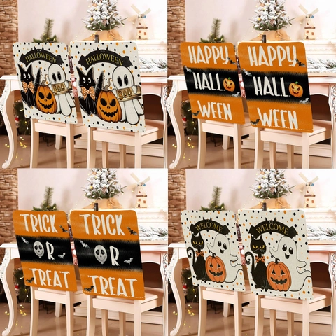 Funda de Silla de Lino para Halloween Estampado Digital Lindo Patrón de Calabaza Fantasma Gato Negro Cubierta Protectora para Decoración