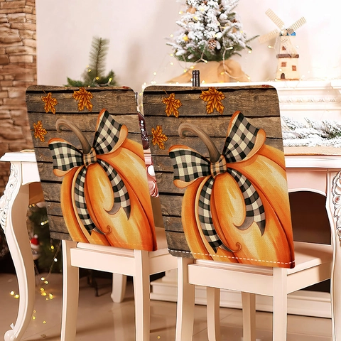 Thanksgiving Dining Chair Covers Vintage Pumpkin Maple Leaf Linen Chair Back Protector For Fall Harvest Holiday Home Decor