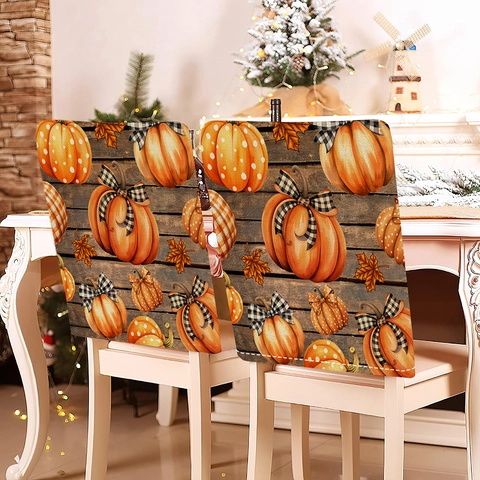 Thanksgiving Dining Chair Covers Vintage Pumpkin Maple Leaf Linen Chair Back Protector For Fall Harvest Holiday Home Decor