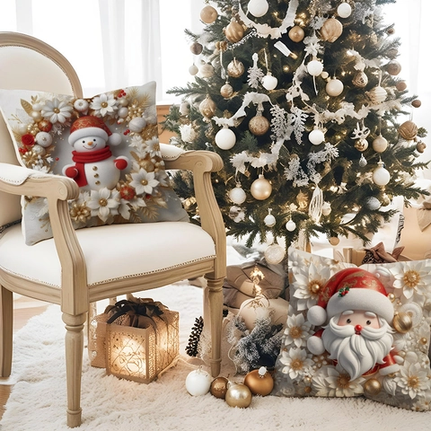 Weihnachten Leinen Kissenbezug 3D Visueller Effekt Weihnachtsmann Rentier Schneemann Muster Quadratischer Kissenhülle Dekor