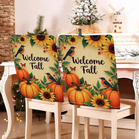 Thanksgiving Autumn Linen Chair Back Covers Pumpkin Sunflower Maple Leaf Pattern Harvest Festival Dining Room Decorations