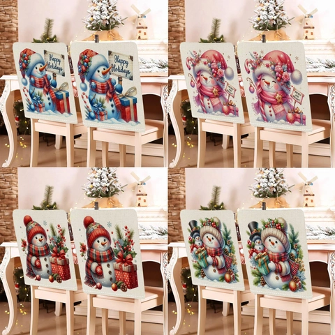 Housse de Chaise Bonhomme de Neige de Noël en Lin Protection Dossier de Salle à Manger Style Nordique Décoration Maison