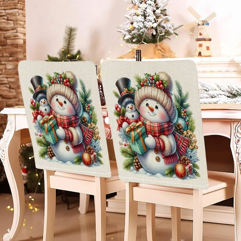 Housse de Chaise Bonhomme de Neige de Noël en Lin Protection Dossier de Salle à Manger Style Nordique Décoration Maison