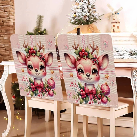 Pink Christmas Chair Covers Cotton Linen Santa Claus Reindeer Print Gingham Bow Chair Back Protector For Dining Room Party