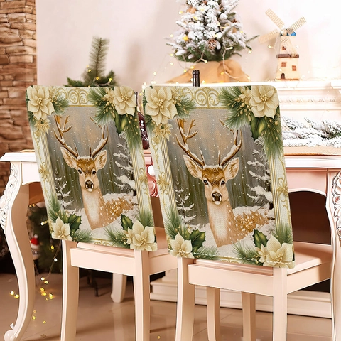 Housse de Chaise de Noël en Lin Motif Renne Gnome Sapin de Noël Décoration Festive de Dossier de Chaise de Salle à Manger Maison