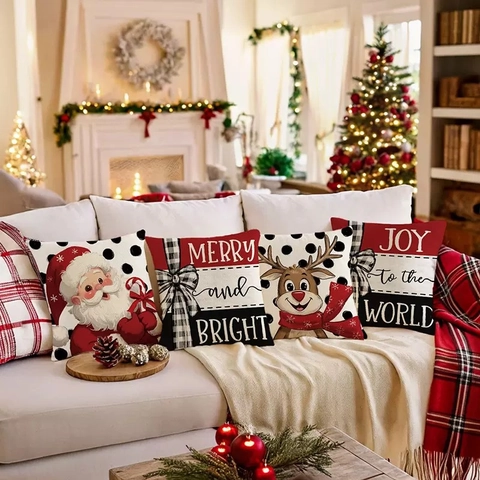 Weihnachten Leinen Wurfkissenbezug Weihnachtsmann Rentier Muster Dekorativer Kissenbezug Für Sofa Wohnzimmer Heimdeko