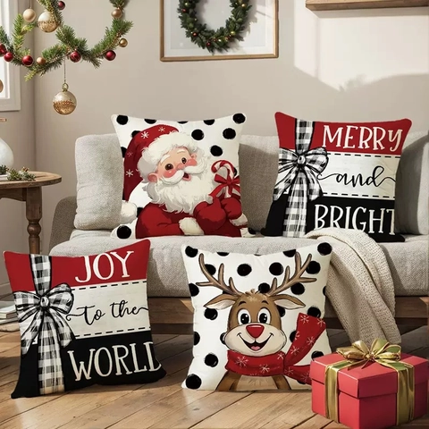 Weihnachten Leinen Wurfkissenbezug Weihnachtsmann Rentier Muster Dekorativer Kissenbezug Für Sofa Wohnzimmer Heimdeko
