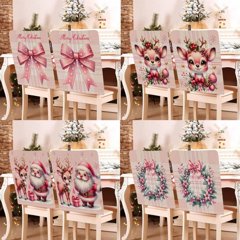 Pink Christmas Chair Covers Cotton Linen Santa Claus Reindeer Print Gingham Bow Chair Back Protector For Dining Room Party