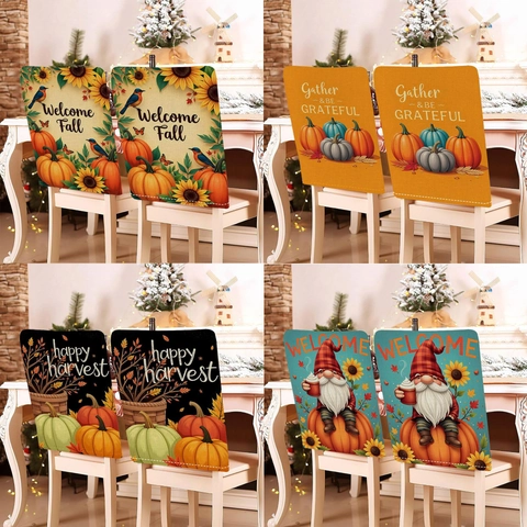 Thanksgiving Autumn Linen Chair Back Covers Pumpkin Sunflower Maple Leaf Pattern Harvest Festival Dining Room Decorations