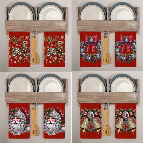Toallas de Cocina de Microfibra de Navidad Rojas Papá Noel Reno Corona Patrón Absorbente Paños de Limpieza Suaves Hogar
