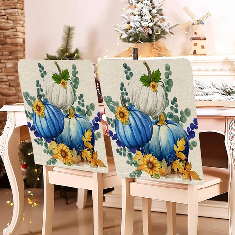 Thanksgiving Chair Covers Pumpkin Sunflower Pattern Linen Blend Fall Autumn Dining Room Seat Back Covers Holiday Home Decor