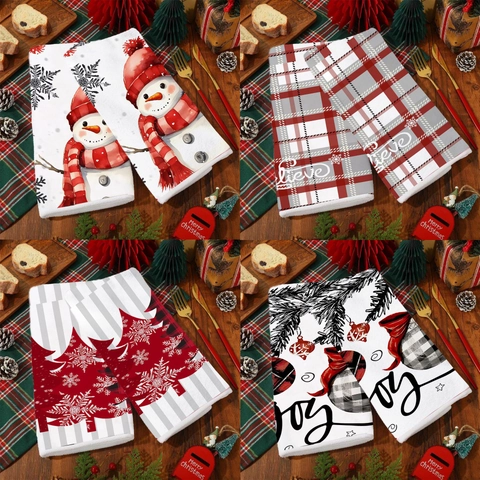 Microvezel Kerst Keukenhanddoeken Sneeuwpop Kerstboom Ruitjespatroon Zachte Absorberende Schoonmaakdoeken Voor Feestelijk Huis Decor