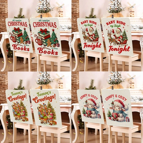 Funda de Respaldo de Silla de Navidad de Lino Patrón de Papá Noel Vintage Protector de Asiento Festivo Decoración Hogar