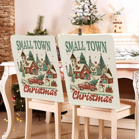 Funda de Respaldo de Silla de Navidad de Lino Patrón de Papá Noel Vintage Protector de Asiento Festivo Decoración Hogar