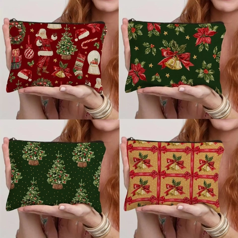 Christmas Linen Zipper Storage Bag Festive Santa Claus Tree Pattern Makeup Pouch Multifunctional Student Pencil Case Gift