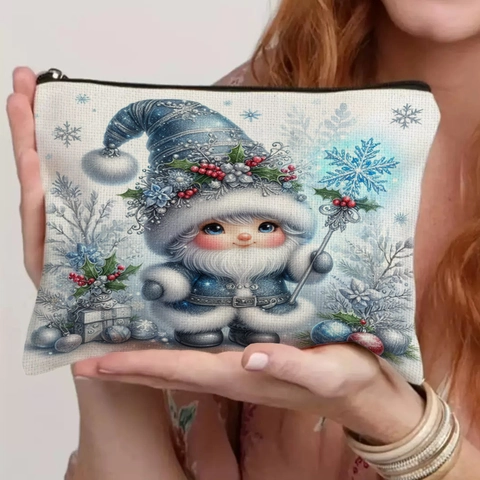 Christmas Gnome Linen Makeup Bag Portable Zipper Cosmetic Organizer Blue Snowflakes Pattern Stationery Pencil Case For Women