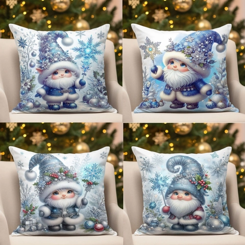 Blue Christmas Gnome Decorative Pillowcase Short Plush Winter Snowflakes Cushion Cover For Home Sofa Holiday Decor Gift