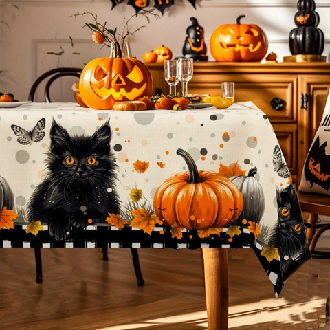Halloween Spooky Tablecloth Polyester Ghost Pumpkin Black Cat Pattern Rectangular Dining Table Cover Party Home Decor