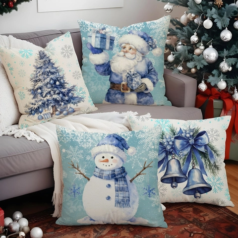 Fundas de Almohada de Lino de Navidad Azul Blanco Papá Noel Muñeco de Nieve Árbol de Navidad Fundas de Cojín para Sofá Hogar