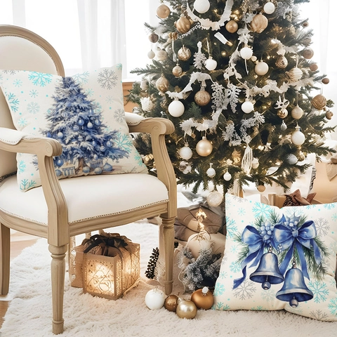 Fundas de Almohada de Lino de Navidad Azul Blanco Papá Noel Muñeco de Nieve Árbol de Navidad Fundas de Cojín para Sofá Hogar