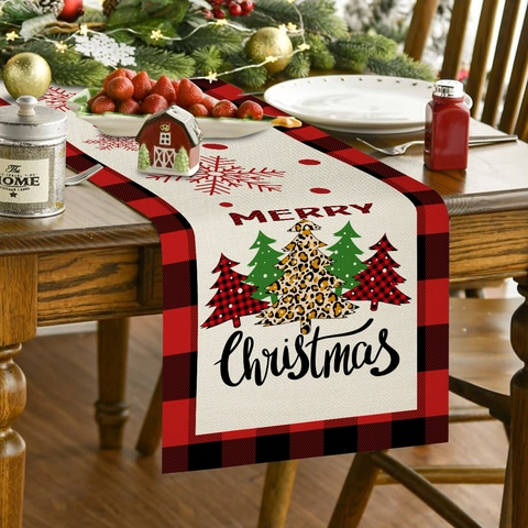 Kerst Linnen Tafelloper Kerstman Sneeuwpop Bedrukt Buffalo Ruit Tafeldecoratie Voor Kerstfeest Vakantie Huis Eettafel Decor