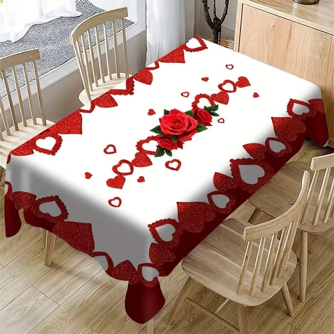 Romantische Valentinstag Tischdecke Rote Rose Herz Muster Polyester Rechteckig Staubdicht Tischschutz Für Hochzeit Party Deko