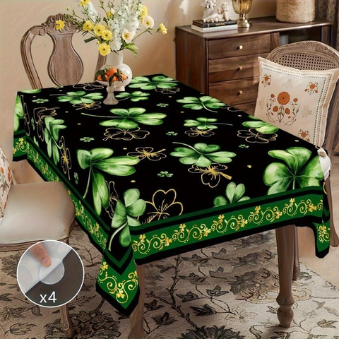 St Patrick's Day Tablecloth Green Shamrock Pattern Polyester Decorative Dustproof Table Cover For Home Kitchen Party Decoration