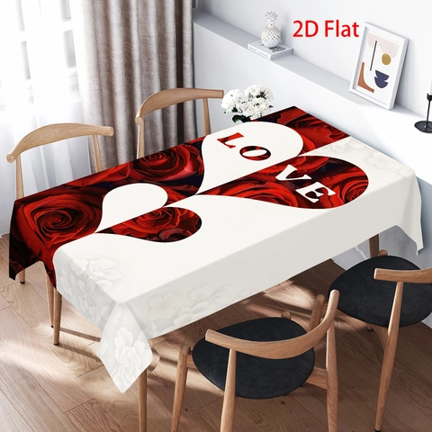 Romantische Valentinstag Tischdecke Rote Rose Herz Muster Polyester Rechteckig Staubdicht Tischschutz Für Hochzeit Party Deko