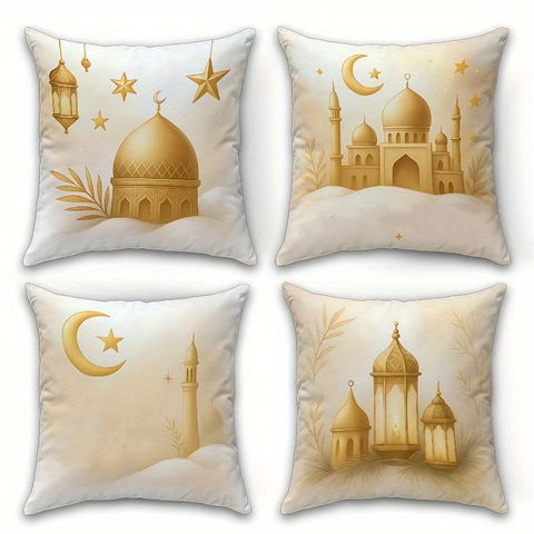 Islamischer Ramadan Gold Mond Stern Moschee Druck Kurzer Plüsch Quadratischer Kissenbezug Für Sofa Deko Kissenhülle Ohne Füllung