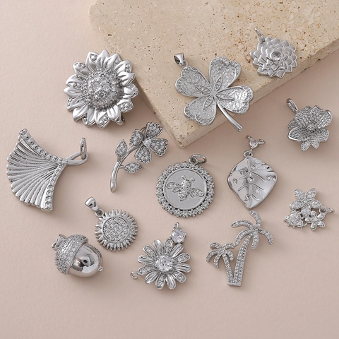 Copper Rhinestone Flower Coconut Tree Bee Acorn Pendant Charms For DIY Necklace Bracelet Making French Style Gold Silver Plated Jewelry Accessories