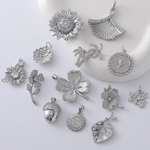 Copper Rhinestone Flower Coconut Tree Bee Acorn Pendant Charms For DIY Necklace Bracelet Making French Style Gold Silver Plated Jewelry Accessories