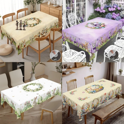 Easter Rabbit Egg Printed Tablecloth Rectangular Polyester Flannel Table Cover For Kitchen Dining Room Holiday Party Home Decor