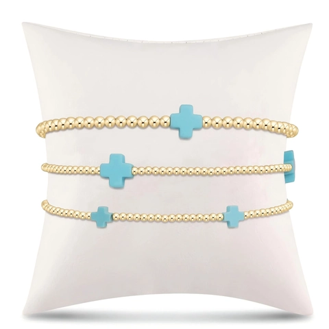 Copper Golden Plated Cross Pendant Beaded Bracelet Elastic String Jewelry For Women Religious Fashion Wristband Gift