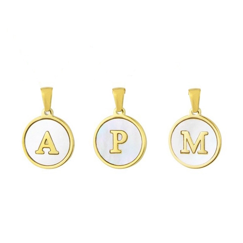 Pendentif Lettre Alphabet en Acier Inoxydable Rond avec Incrustation de Coquille Électroplaqué Or pour Bijouterie DIY