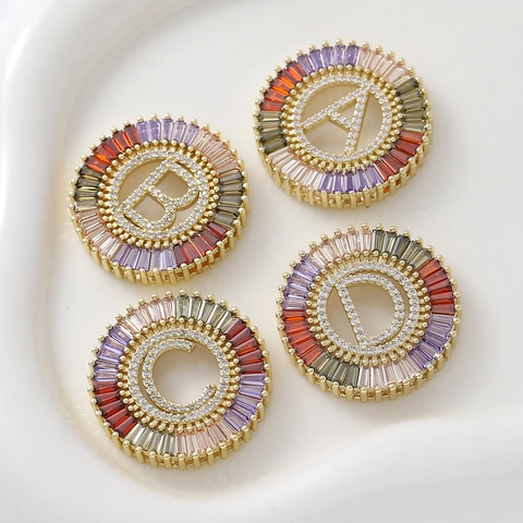 Round Alphabet Letter Pendant For Women Colorful Rhinestone Inlaid Gold Plated Copper Pendant Only Without Chain DIY Jewelry Accessory