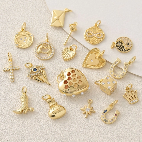 Vintage Copper Gold Plated Pendant With Zirconia Rhinestone Heart Cross Boots Shape DIY Jewelry Making Accessories For Women Gift