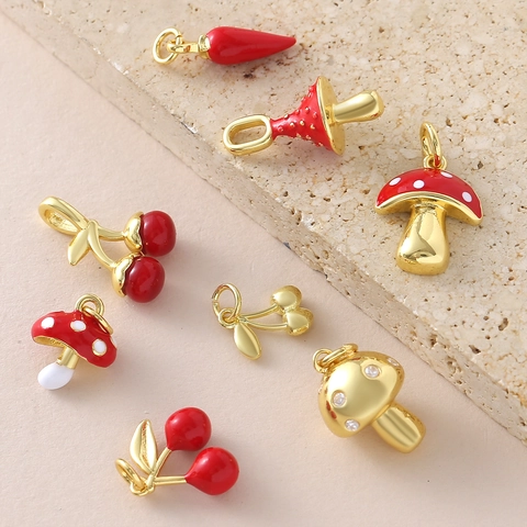 Gold Plated Copper Zirconia Mushroom Cherry Chili Charms Cute DIY Jewelry Pendants For Necklace Bracelet Making DIY Findings