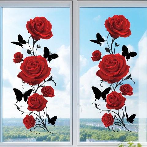 Red Rose Butterfly Static Cling Window Sticker Waterproof PVC Glass Decal For Bedroom Balcony Romantic Home Wall Decor