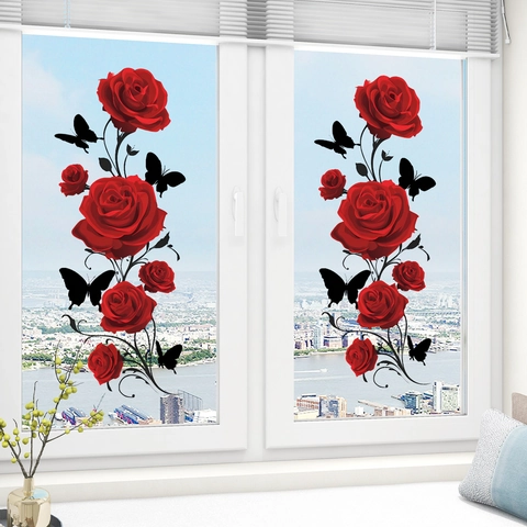 Red Rose Butterfly Static Cling Window Sticker Waterproof PVC Glass Decal For Bedroom Balcony Romantic Home Wall Decor