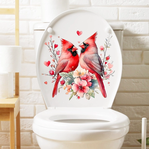 Red Cardinal Bird Flower Toilet Lid Sticker Waterproof PVC Removable Bathroom Decor Self Adhesive Wall Decal Mural