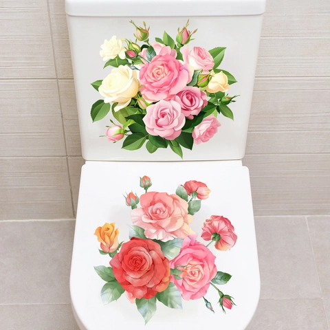 Aquarell Rose Blume Toilettenaufkleber Wasserdicht PVC Badezimmer Aufkleber Selbstklebend Handgemalt Floral Home Dekor