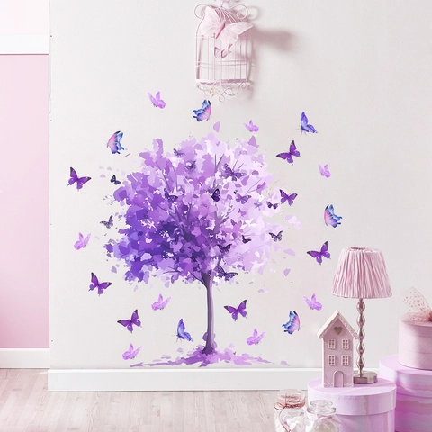 Dreamy Purple Tree Butterfly Wall Stickers PVC Waterproof Decorative Mural For Bedroom Living Room Wardrobe Home Decor