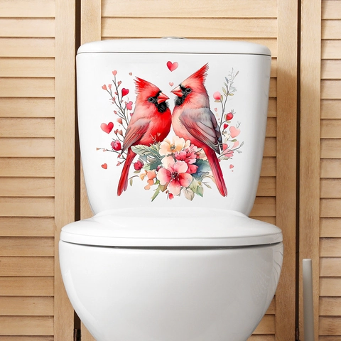 Red Cardinal Bird Flower Toilet Lid Sticker Waterproof PVC Removable Bathroom Decor Self Adhesive Wall Decal Mural