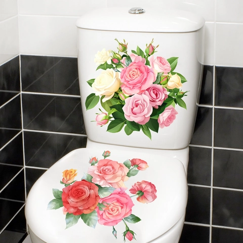 Aquarell Rose Blume Toilettenaufkleber Wasserdicht PVC Badezimmer Aufkleber Selbstklebend Handgemalt Floral Home Dekor