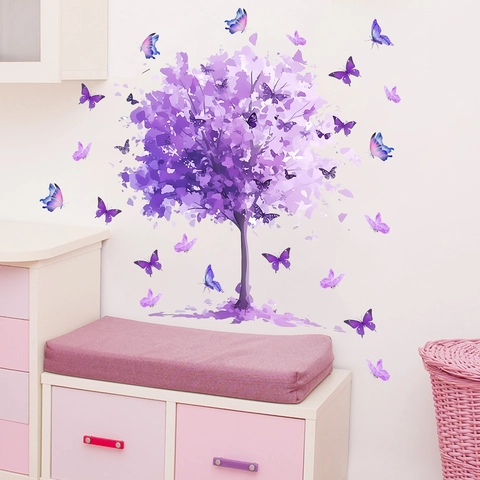 Dreamy Purple Tree Butterfly Wall Stickers PVC Waterproof Decorative Mural For Bedroom Living Room Wardrobe Home Decor