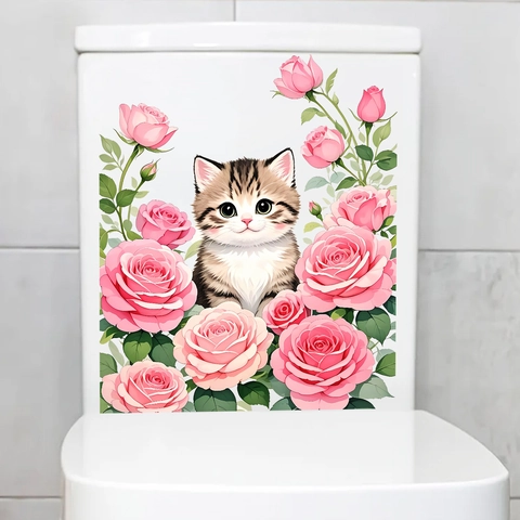 Aquarel Kat En Roze Rozen Toiletbril Sticker Waterdicht PVC Zelfklevend Muursticker Voor Badkamer Huis Decoratie