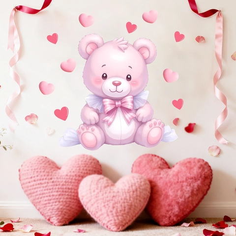 Cute Pink Bear Heart Wall Sticker Cartoon Animal Waterproof PVC Wall Decal For Kids Room Bedroom Nursery Home Decoration