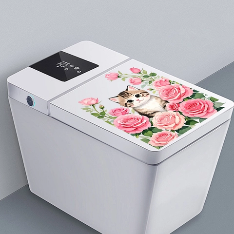 Aquarel Kat En Roze Rozen Toiletbril Sticker Waterdicht PVC Zelfklevend Muursticker Voor Badkamer Huis Decoratie