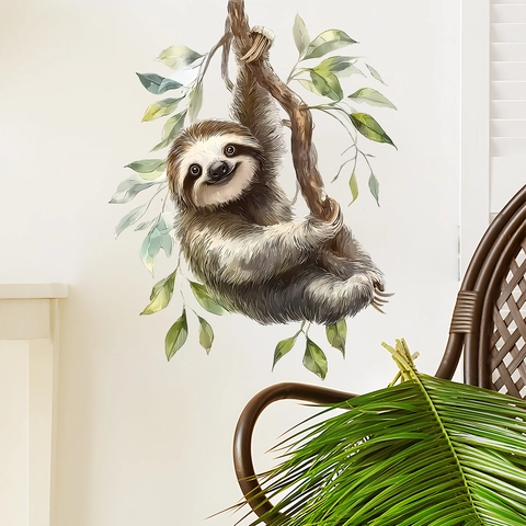 Watercolor Sloth Climbing Tree Branch Wall Sticker PVC Self Adhesive Removable Decal For Kids Room Nursery Wall Decor